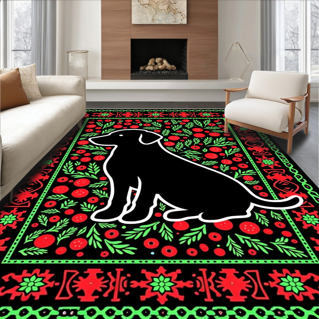 Black Sitting Dog Floral Garden Rug