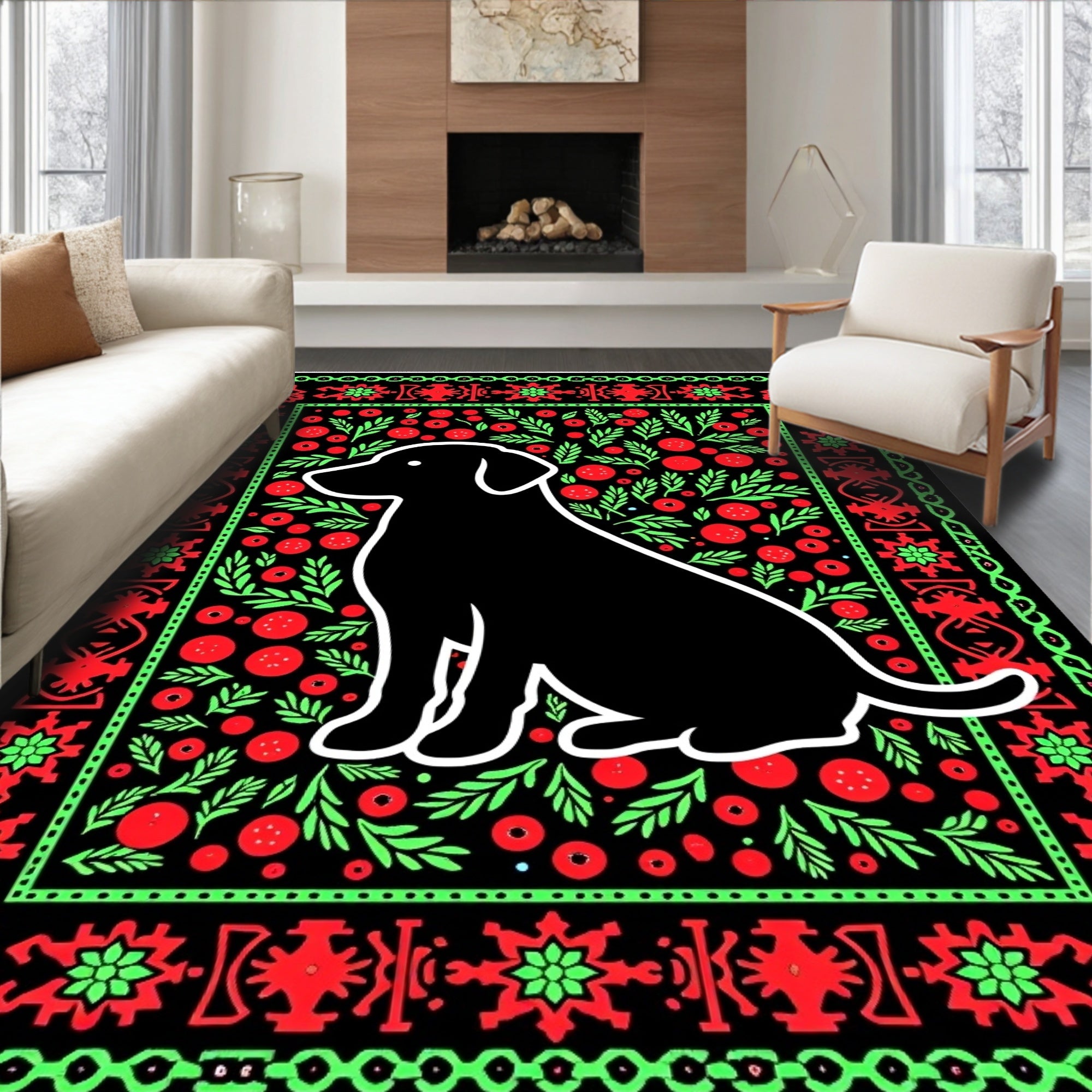 Black Sitting Dog Floral Garden Rug