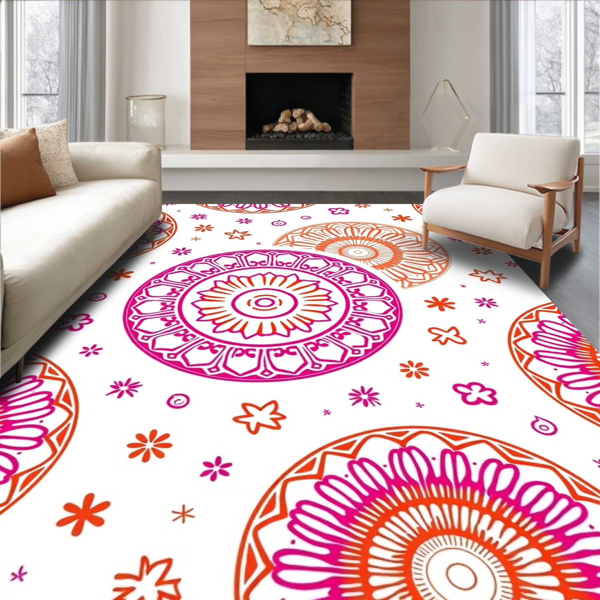 Vibrant Pink Orange Mandala Blooms Rug