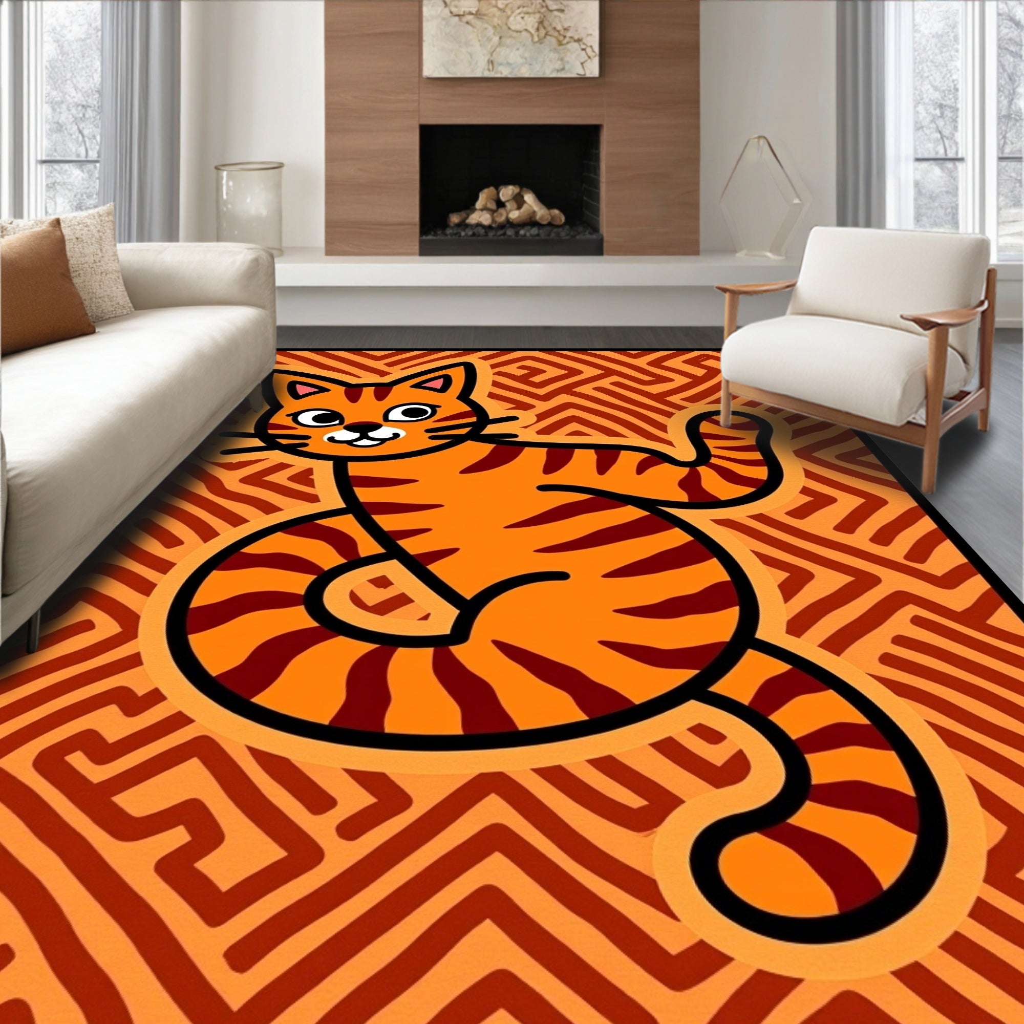 Orange Tiger Cat Abstract Maze Rug