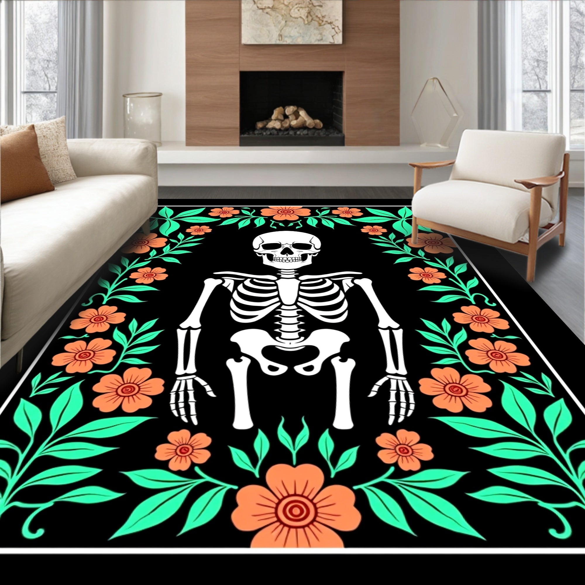 Dia De Los Muertos Skeleton Floral Frame Rug