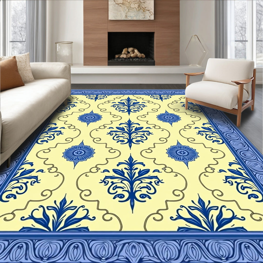 Blue Floral Damask Yellow Border Rug