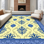 Blue Floral Damask Yellow Border Rug