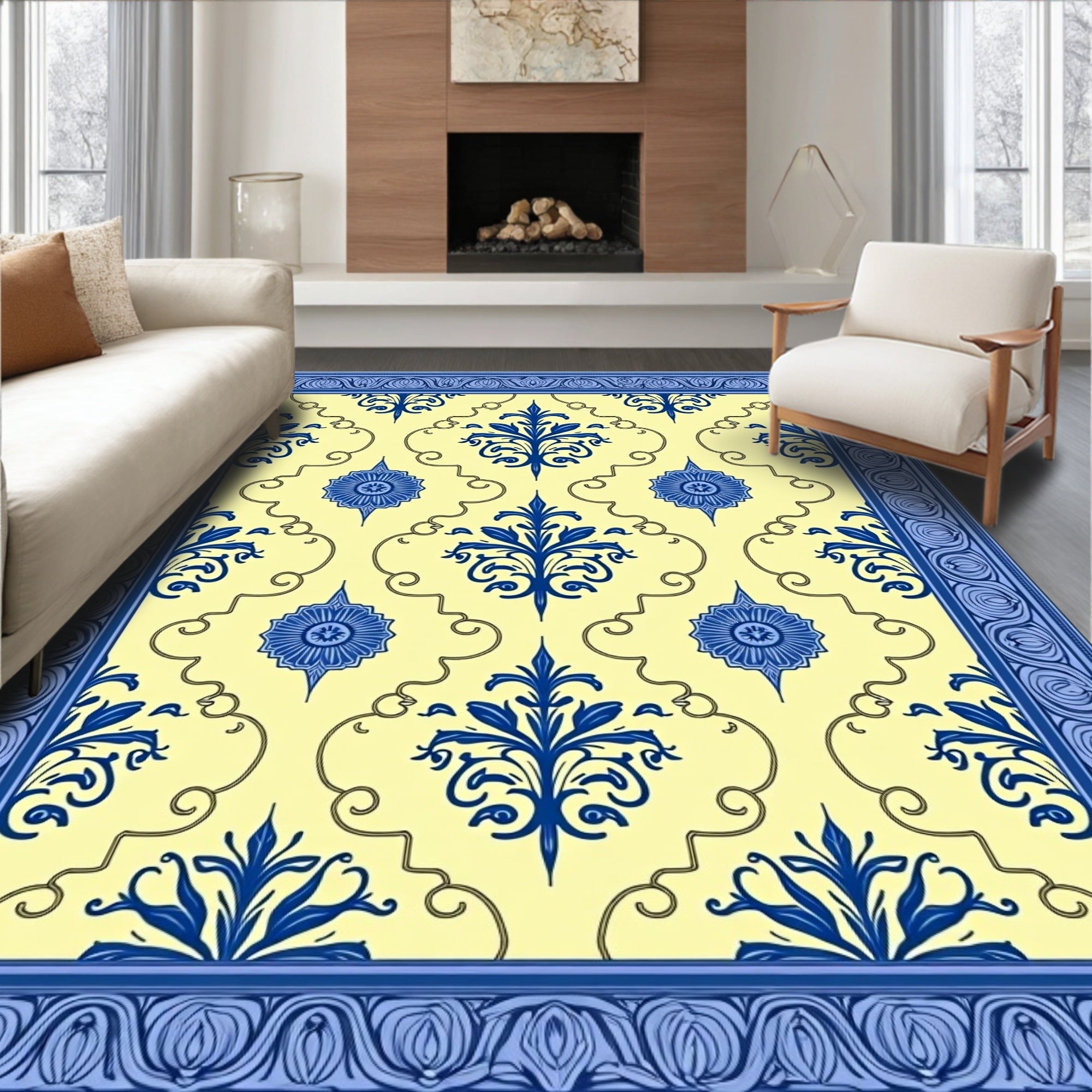 Blue Floral Damask Yellow Border Rug