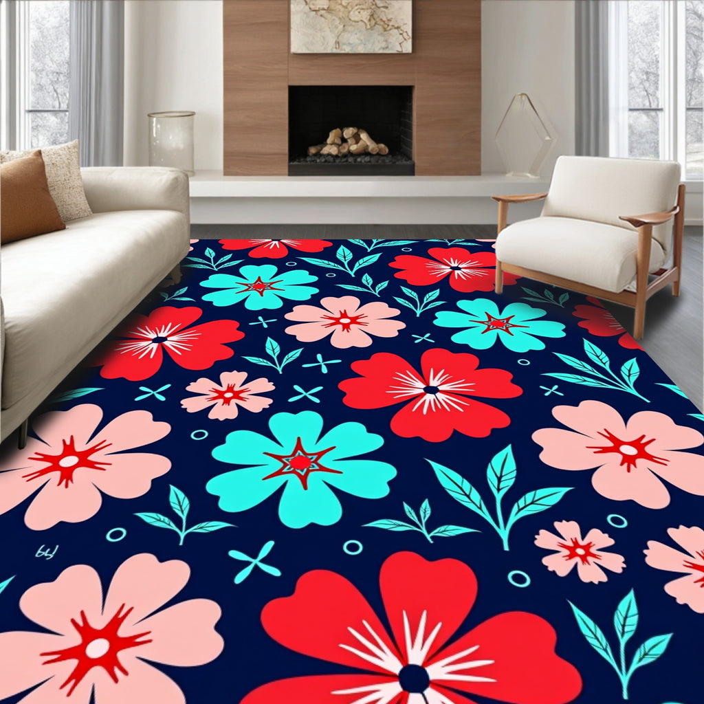 Bold Red Teal Floral Garden Rug