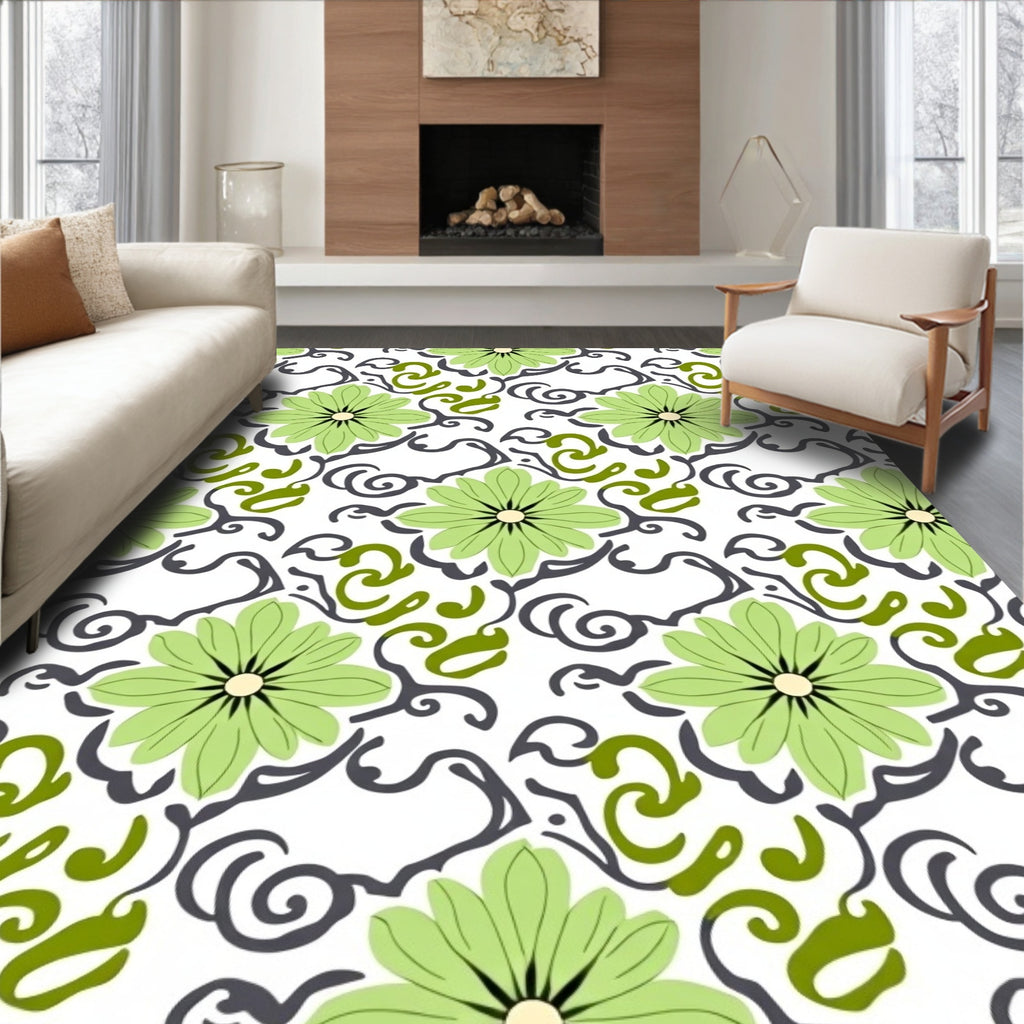 Light Green Daisy Swirl Arrangement Rug