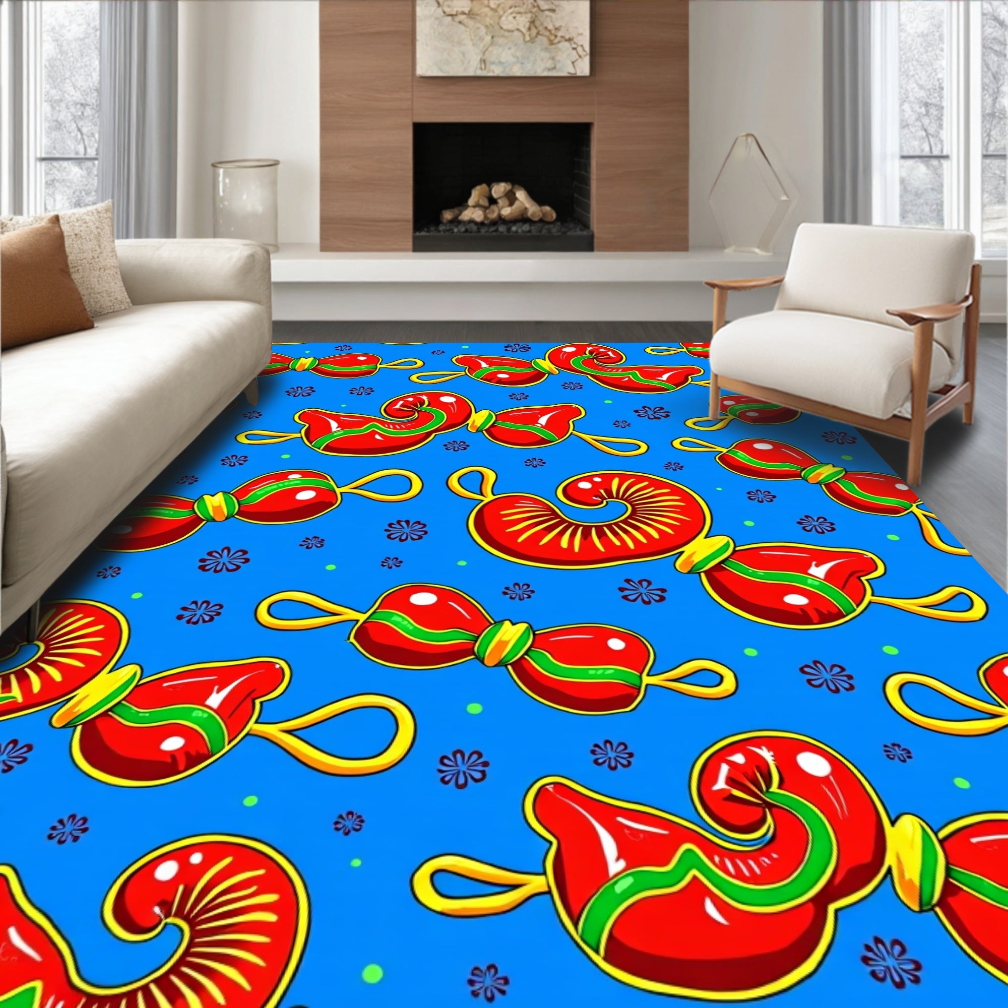 Vibrant Red Golden Swirl Abstract Rug