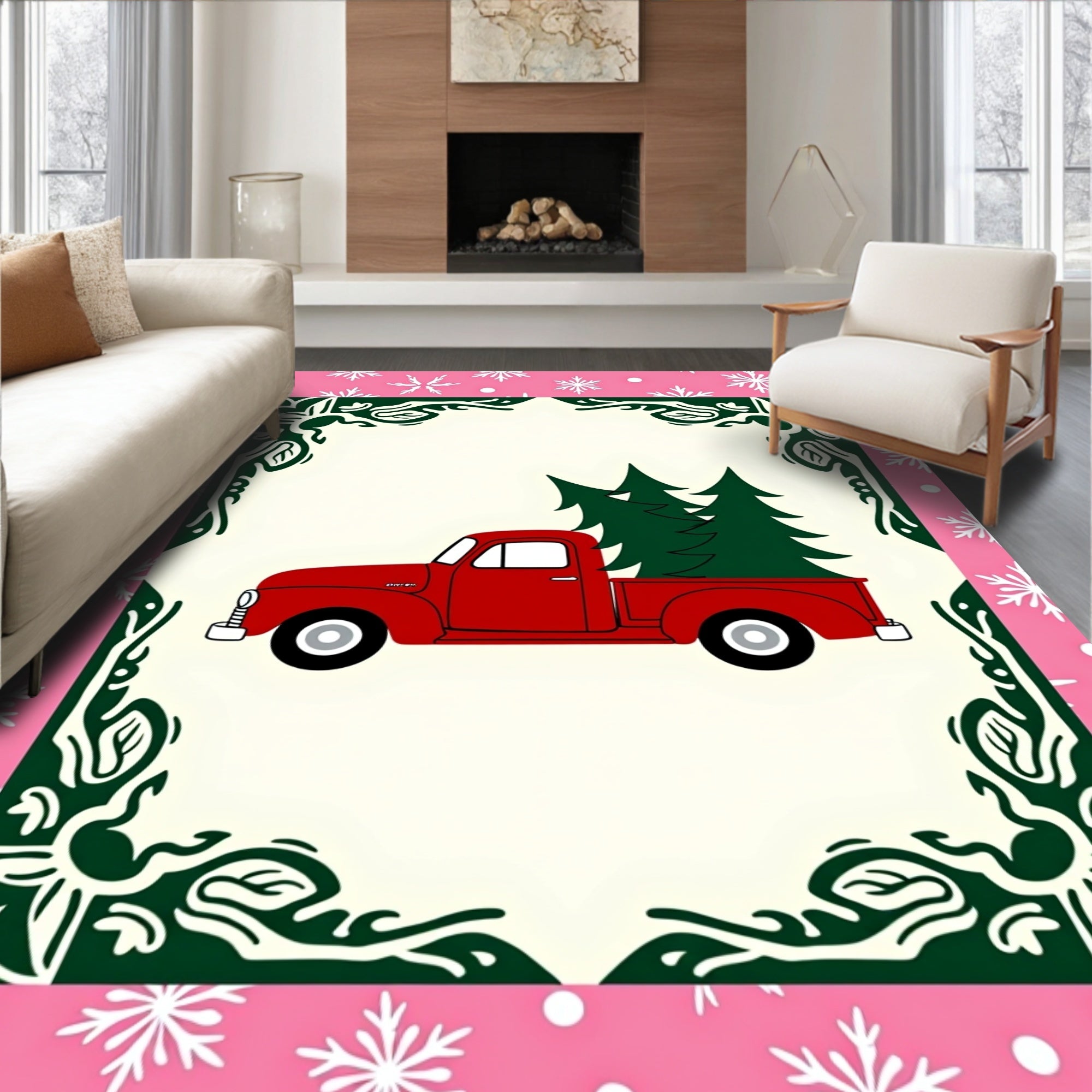 Retro Red Truck Christmas Trees Rug