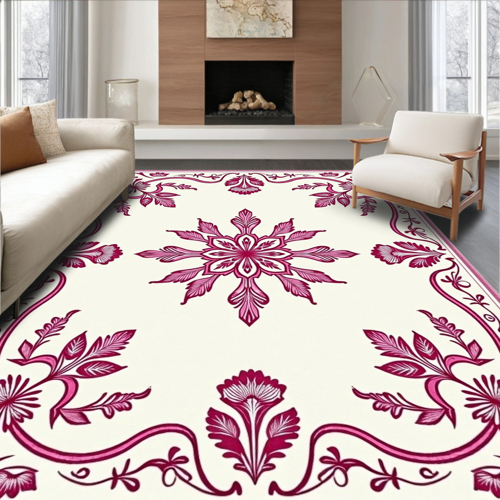 Ornate Crimson Bloom Border Sculpture Rug