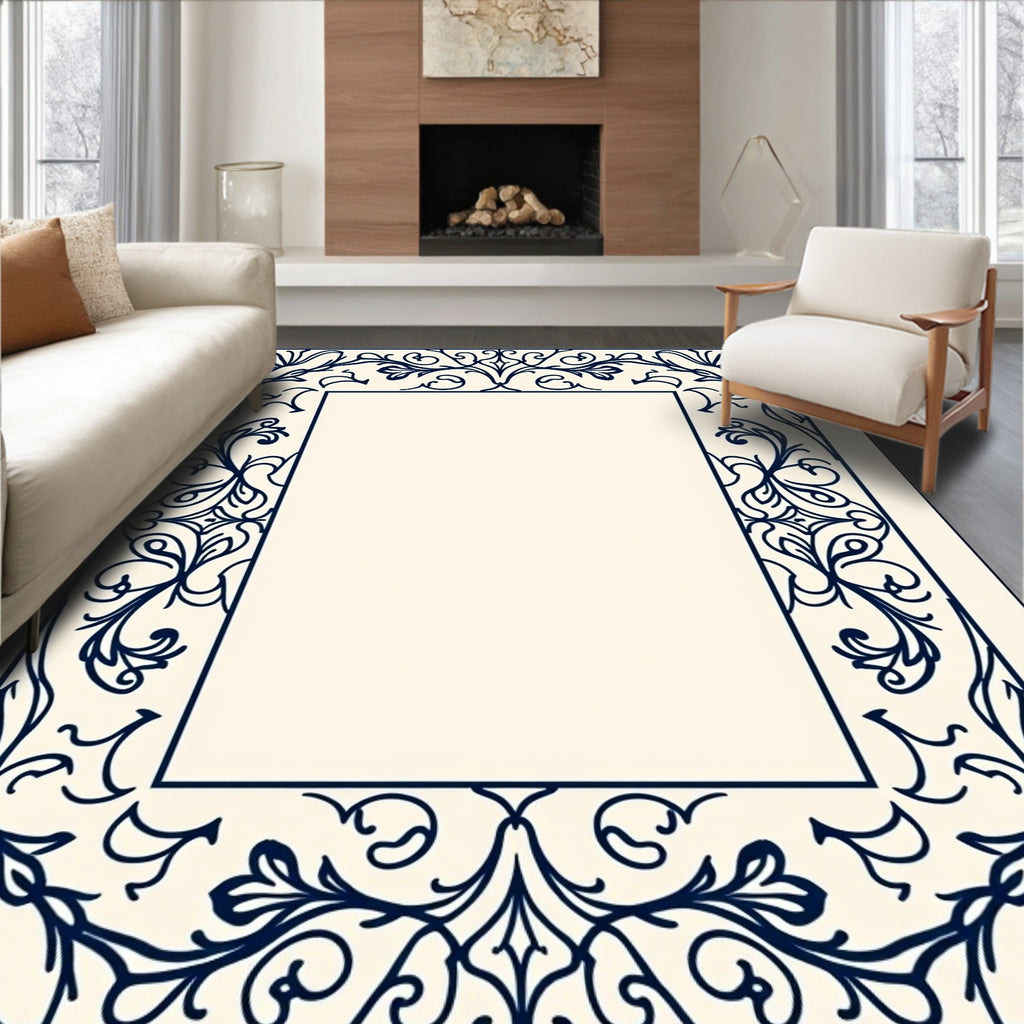 Navy Blue Ornate Floral Arch Rug