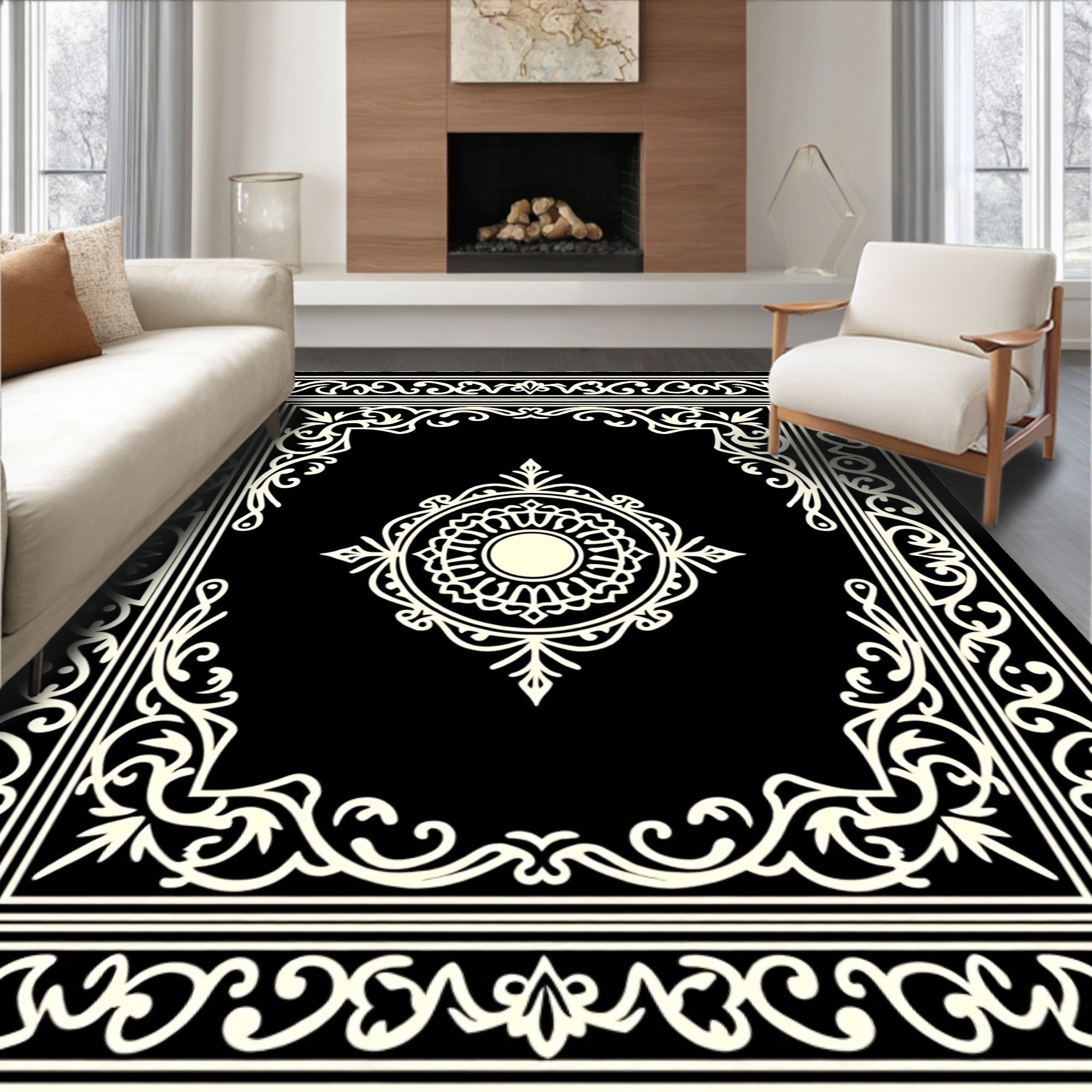 Black and Cream Medallion Frame Rug