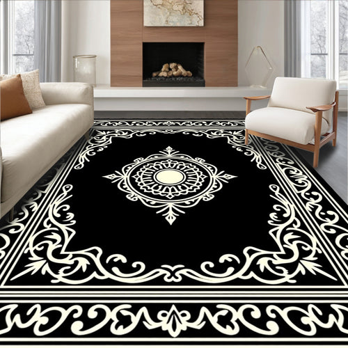 Black and Cream Medallion Frame Rug