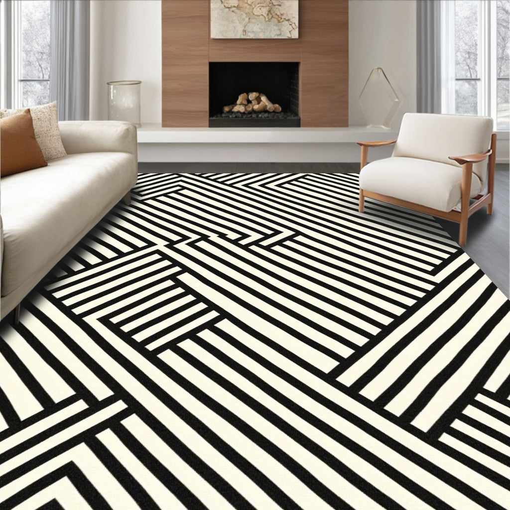 Black White Intersecting Stripe Geometric Rug