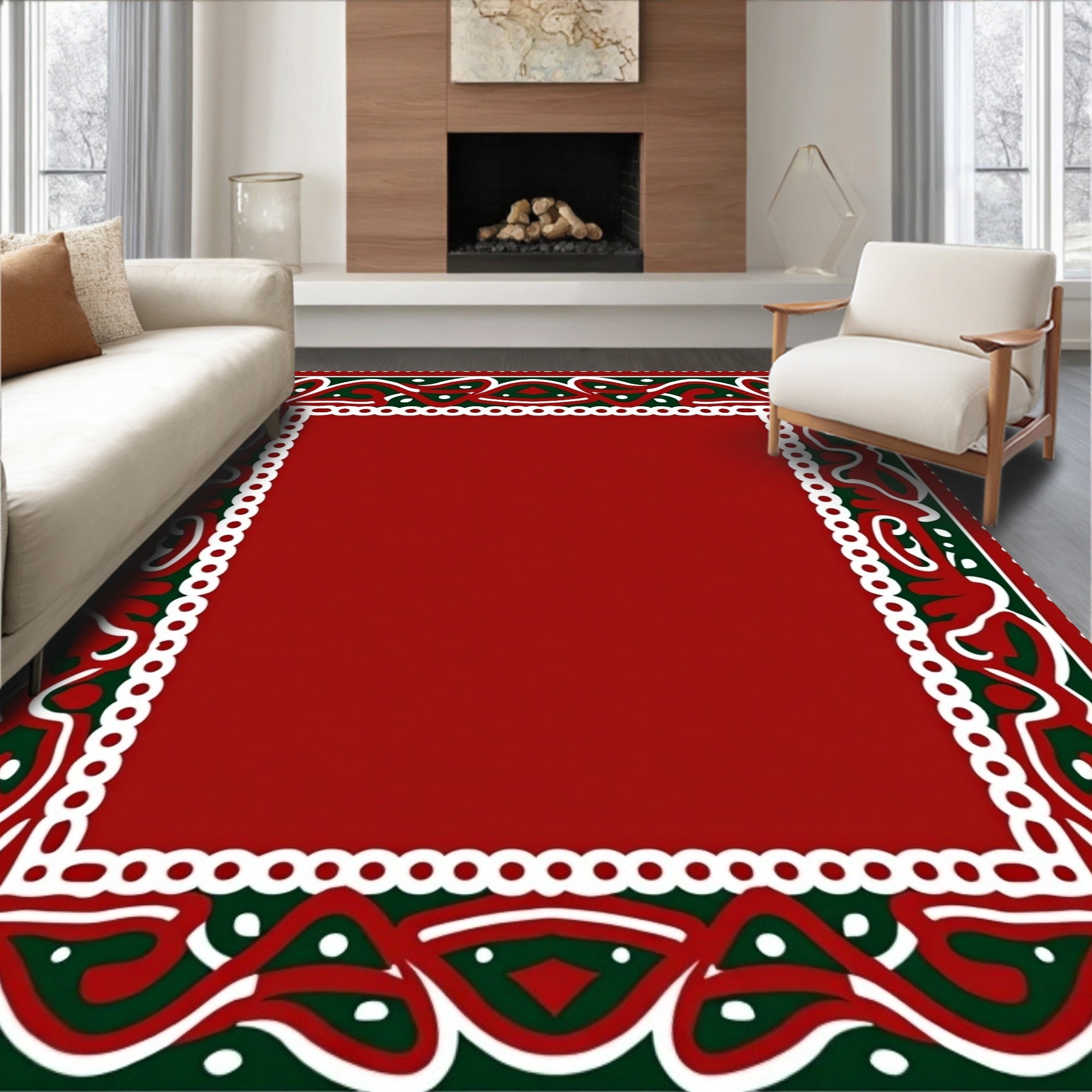 Crimson Bordered Emerald Swirls Rug