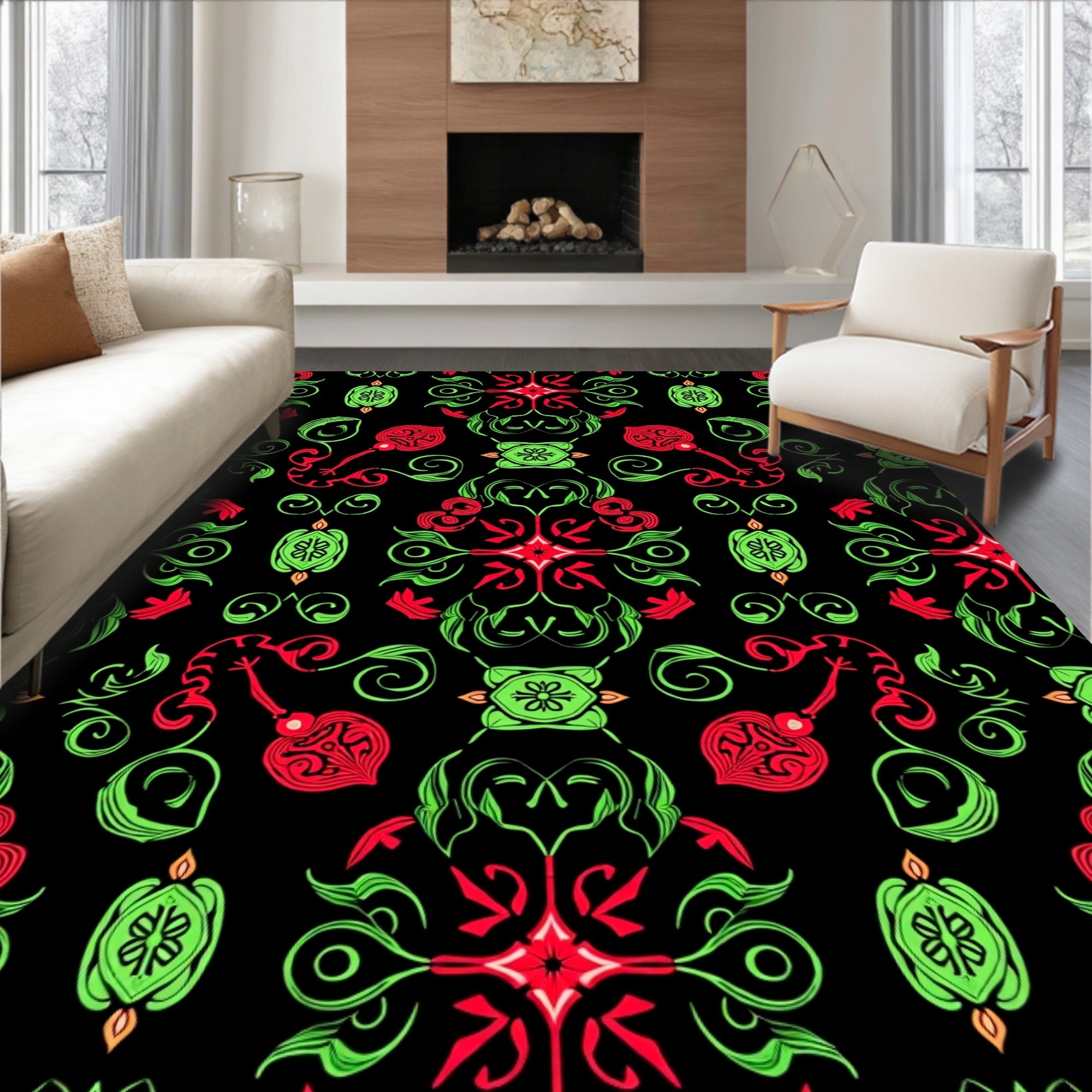 Vibrant Red Green Floral Swirls Rug