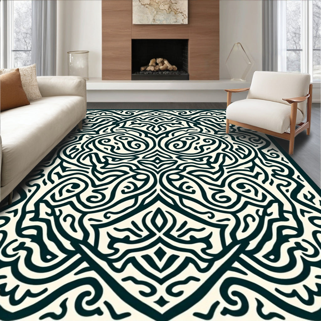 Intricate Cream And Navy Labyrinth Rug