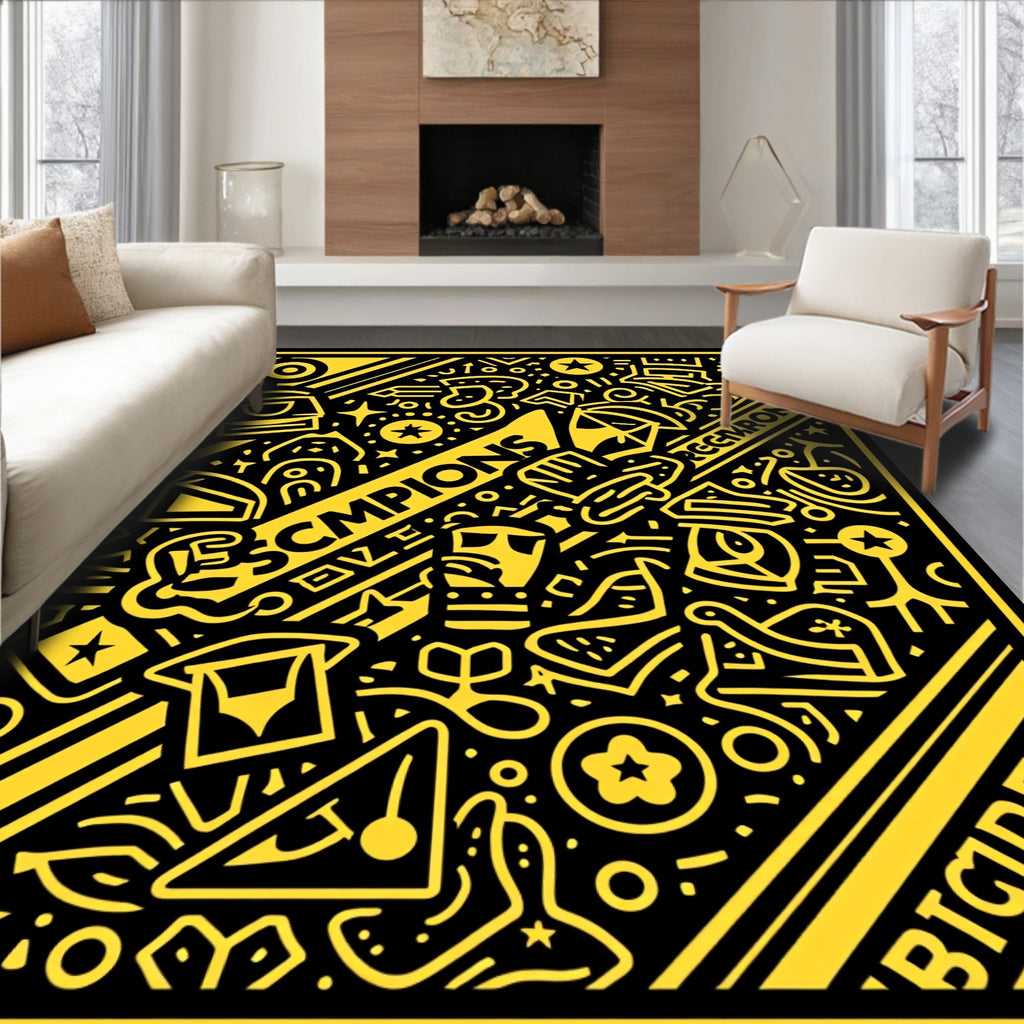 Bold Yellow Retro Doodle Collage Rug