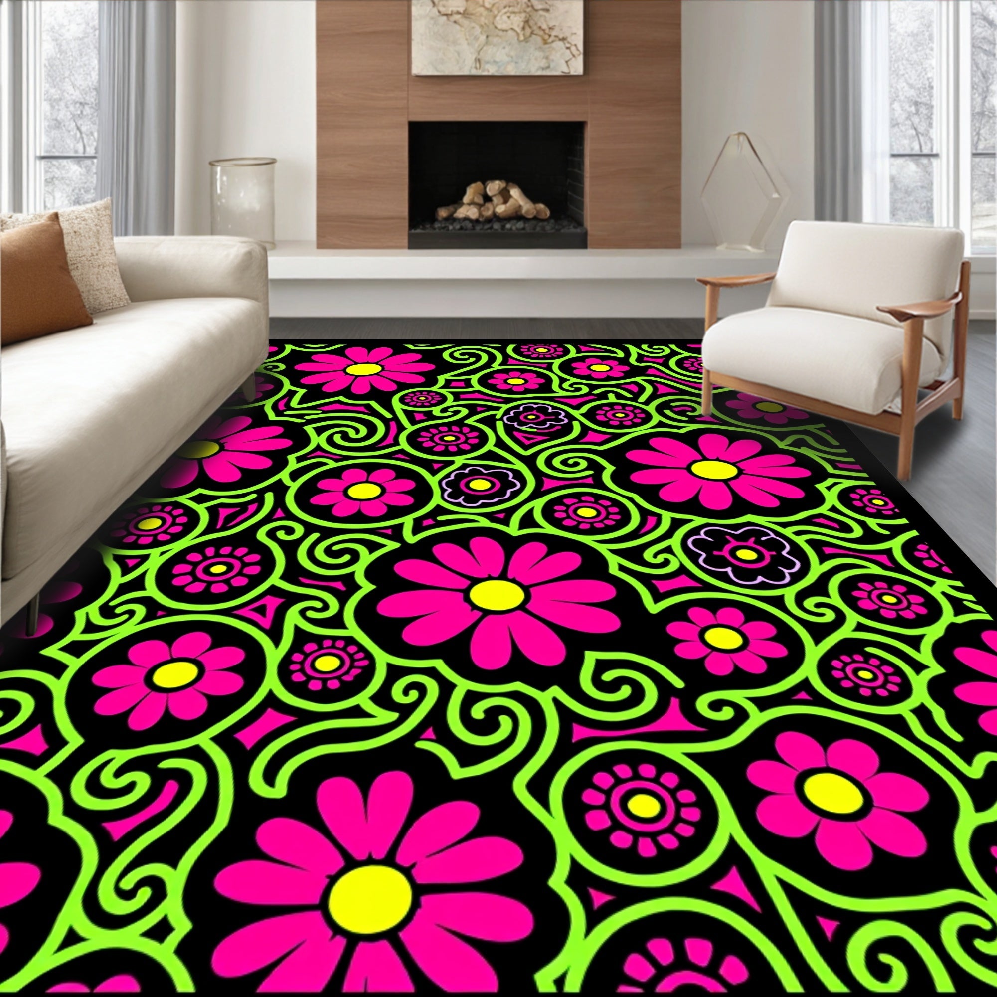 Vibrant Pink Neon Floral Swirl Rug