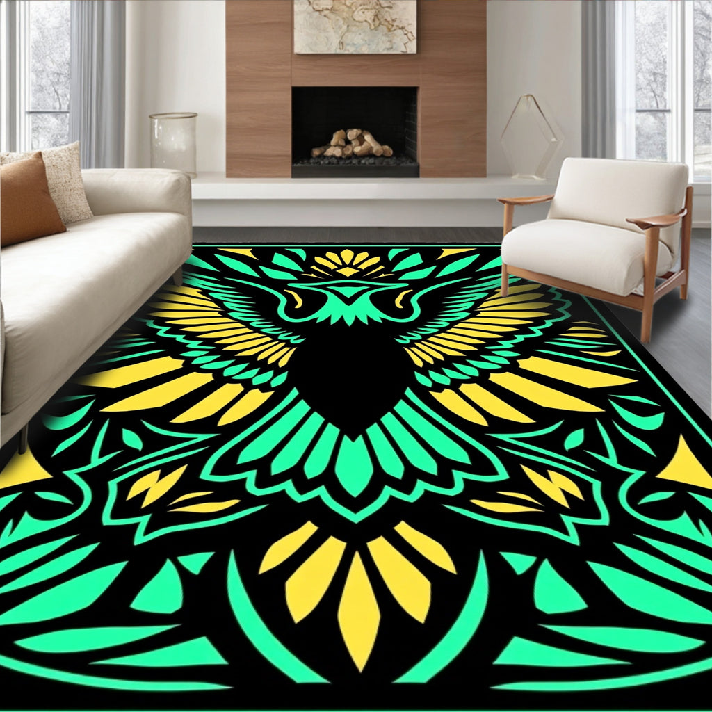 Striking Emerald Yellow Eagle Graphic Rug