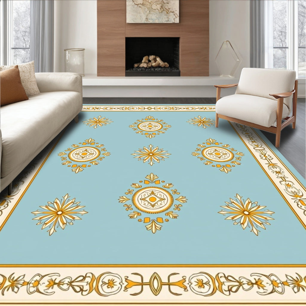 Light Blue Golden Medallion Symmetry Rug