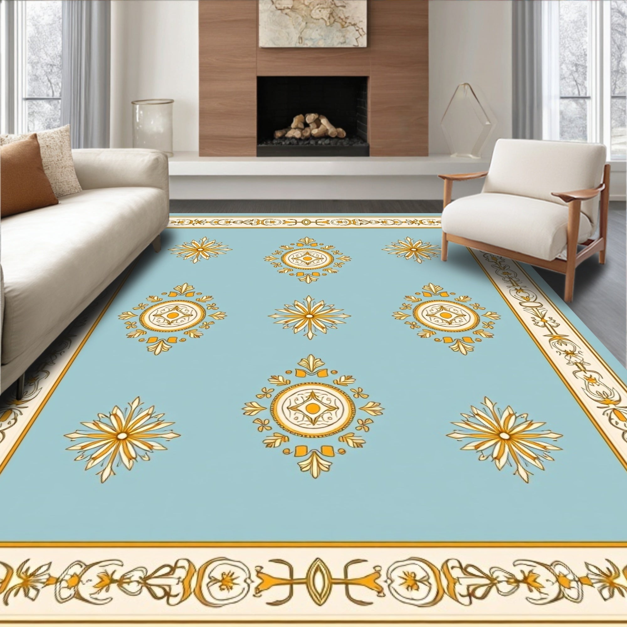 Light Blue Golden Medallion Symmetry Rug