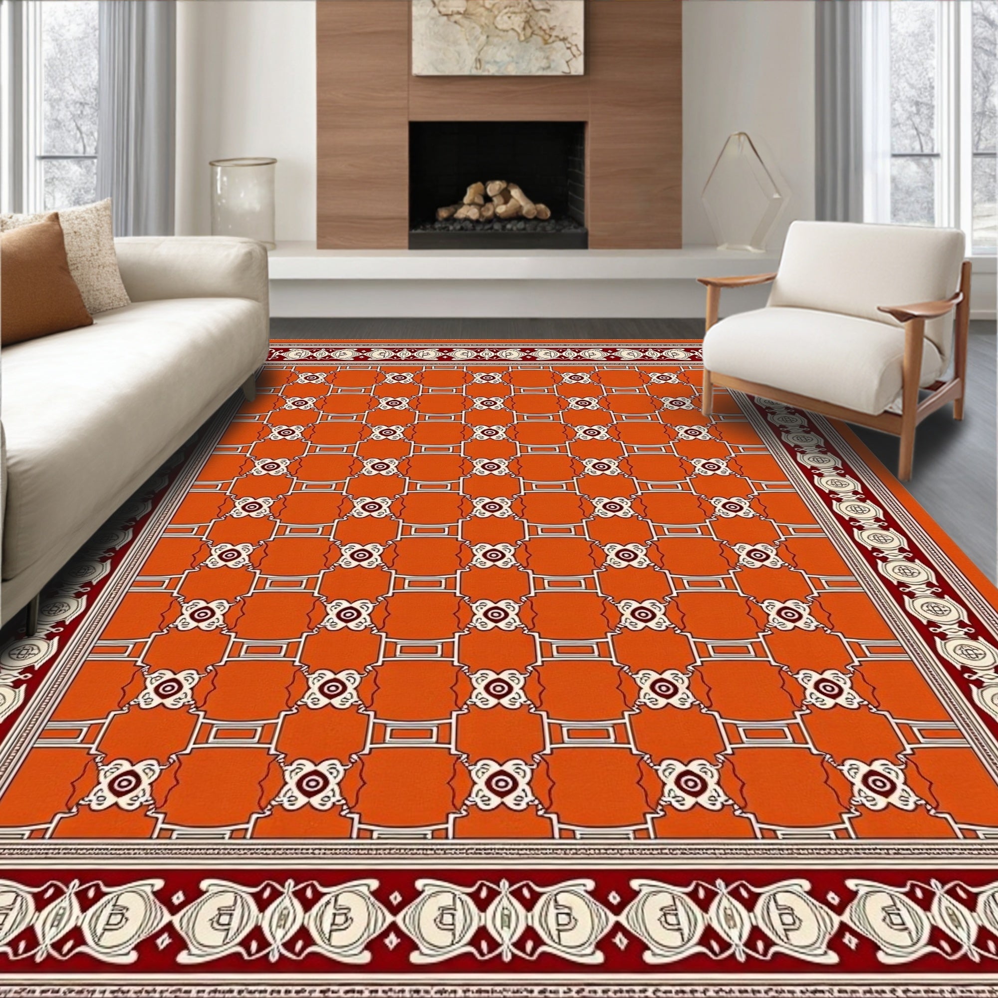 Vibrant Orange Geometric Lattice Rug