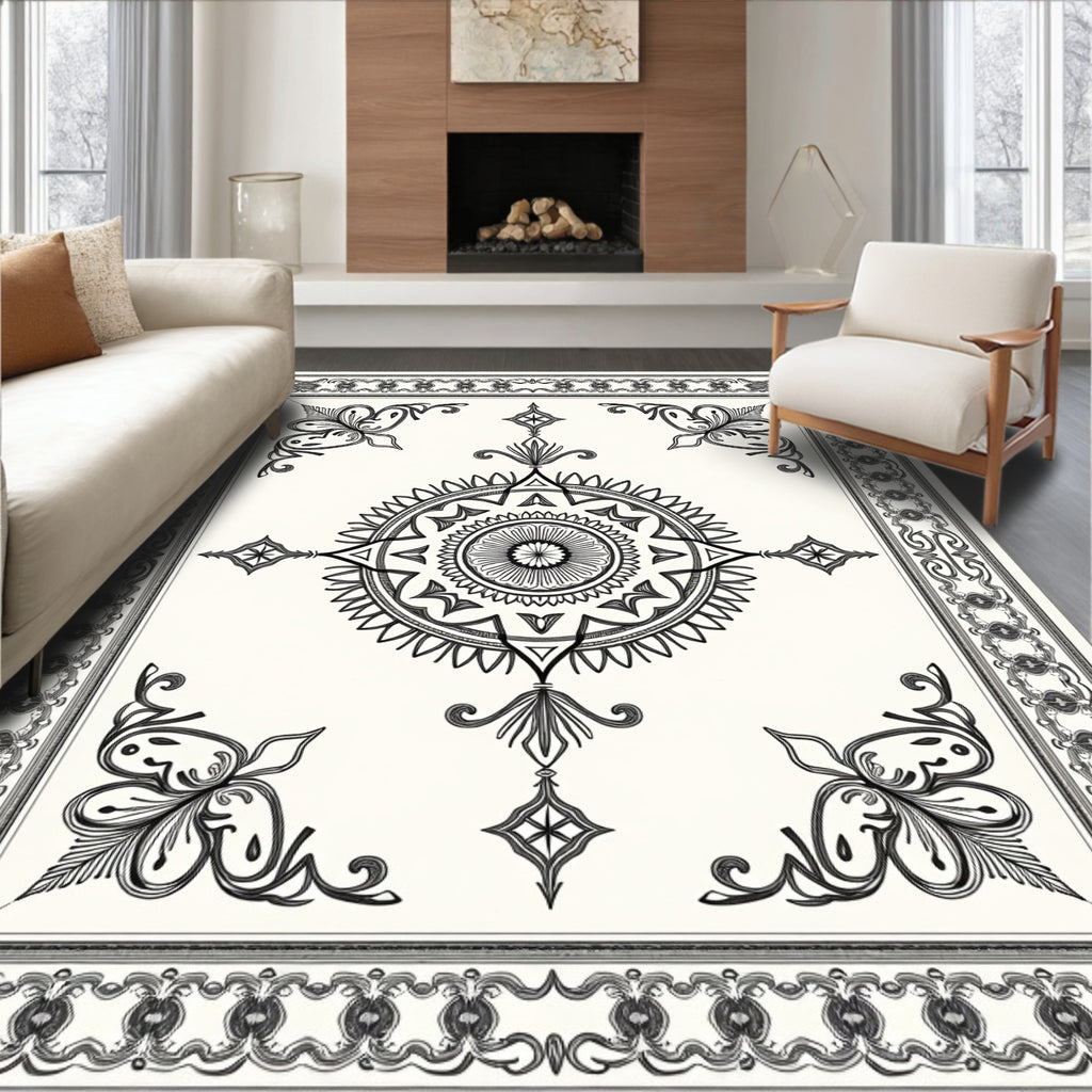 Ornate Black Ivory Medallion Border Rug