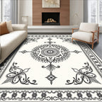 Ornate Black Ivory Medallion Border Rug