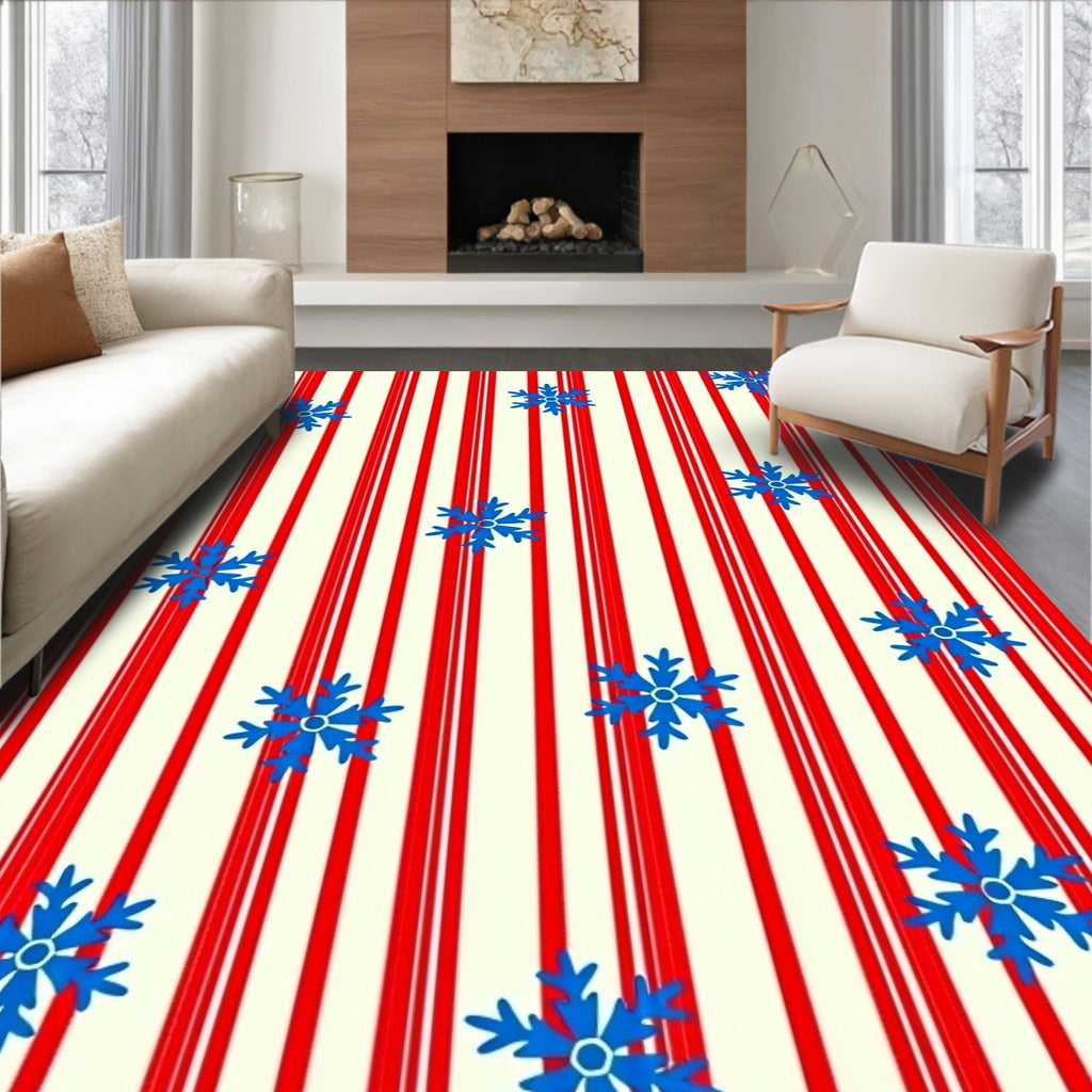 Red Cream Stripe Blue Snowflake Rug