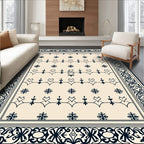 Cream Navy Floral Bordered Medallion Rug