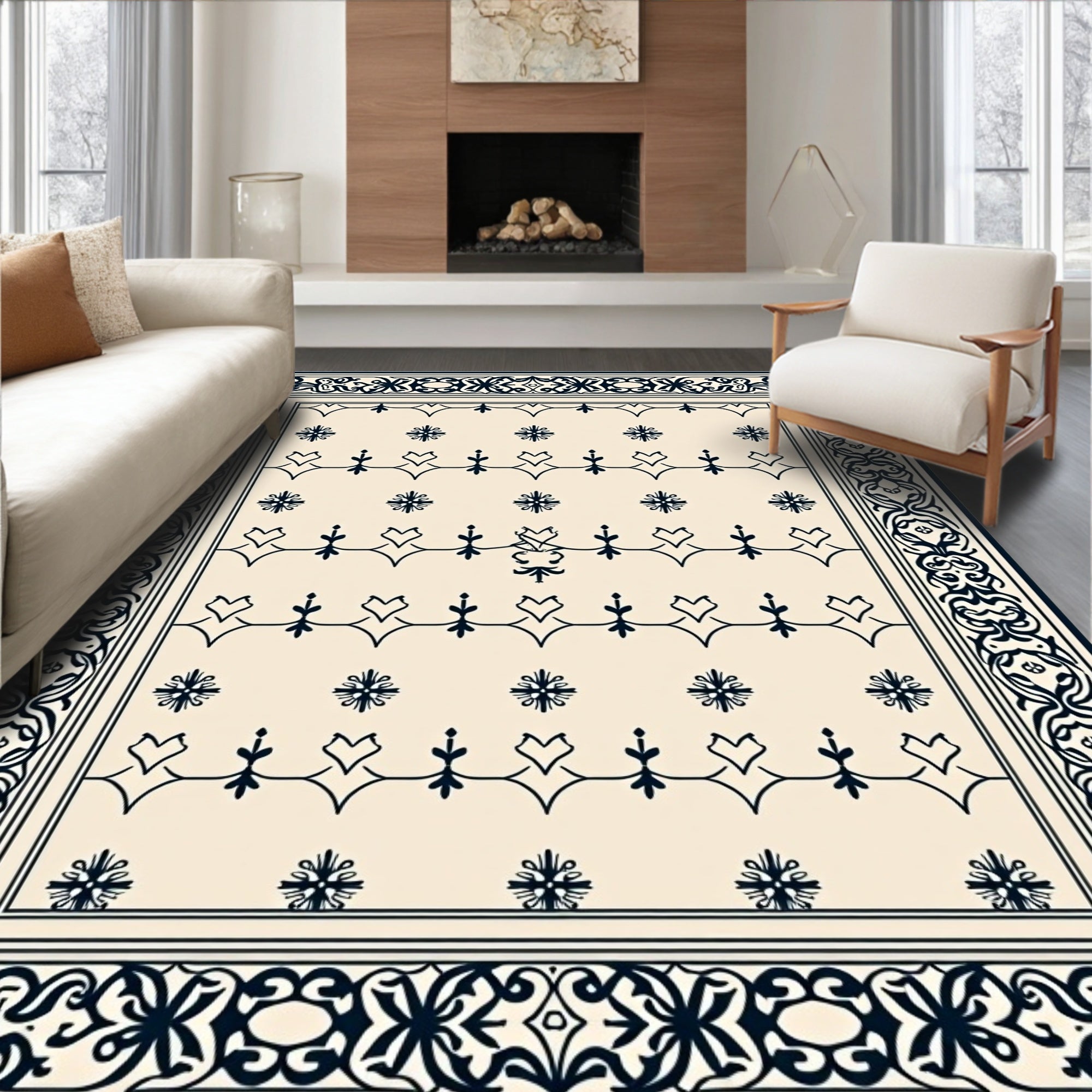 Cream Navy Floral Bordered Medallion Rug