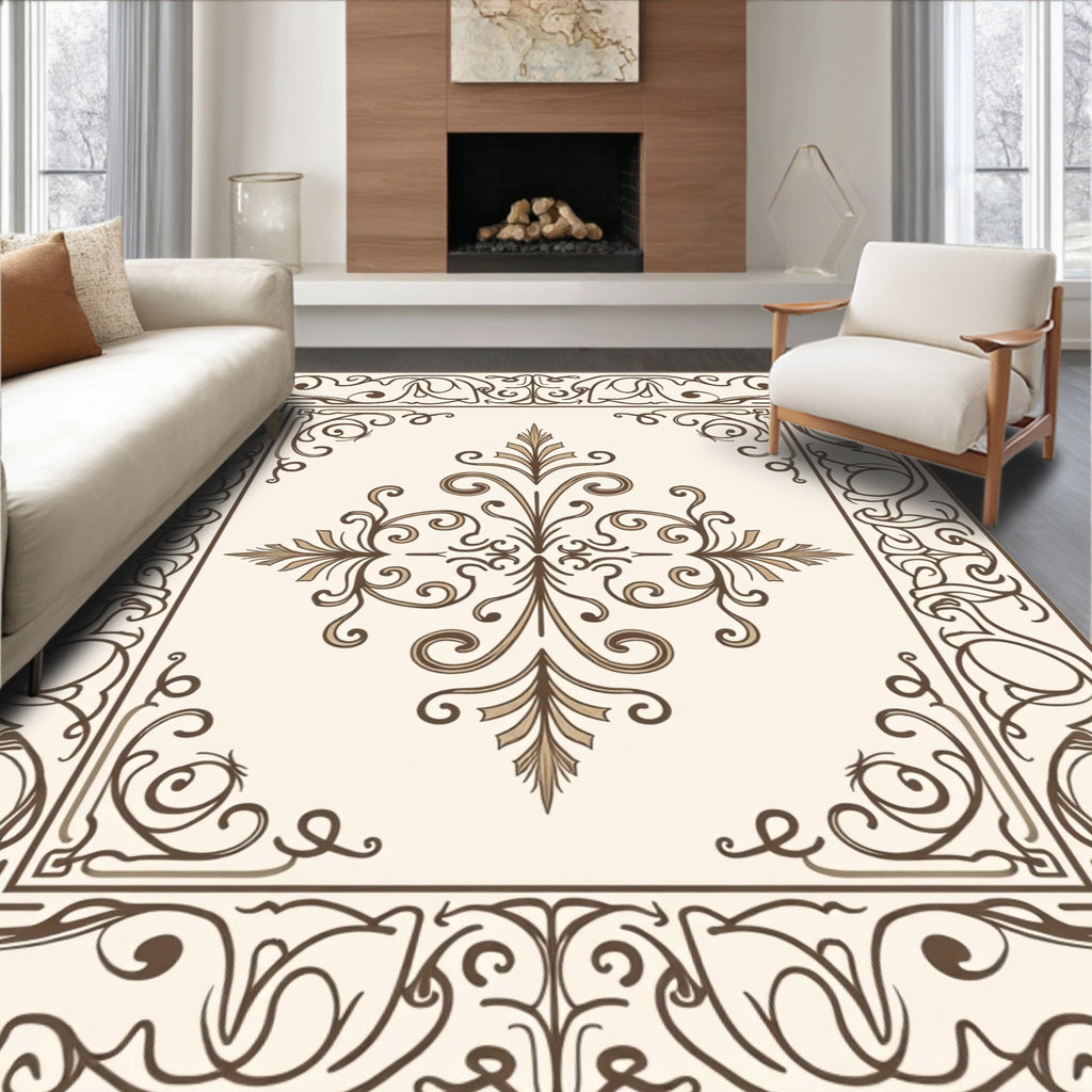 Cream Brown Floral Scrollwork Medallion Rug