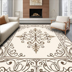 Cream Brown Floral Scrollwork Medallion Rug