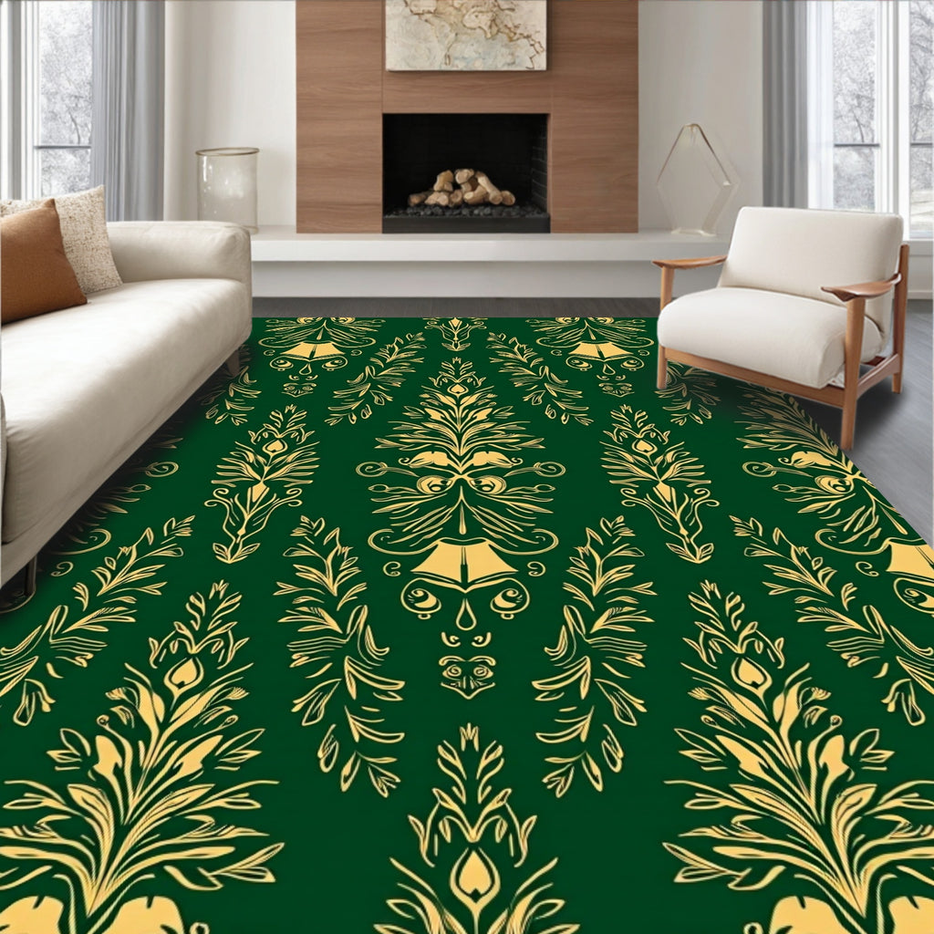 Emerald Green Gold Floral Damask Rug