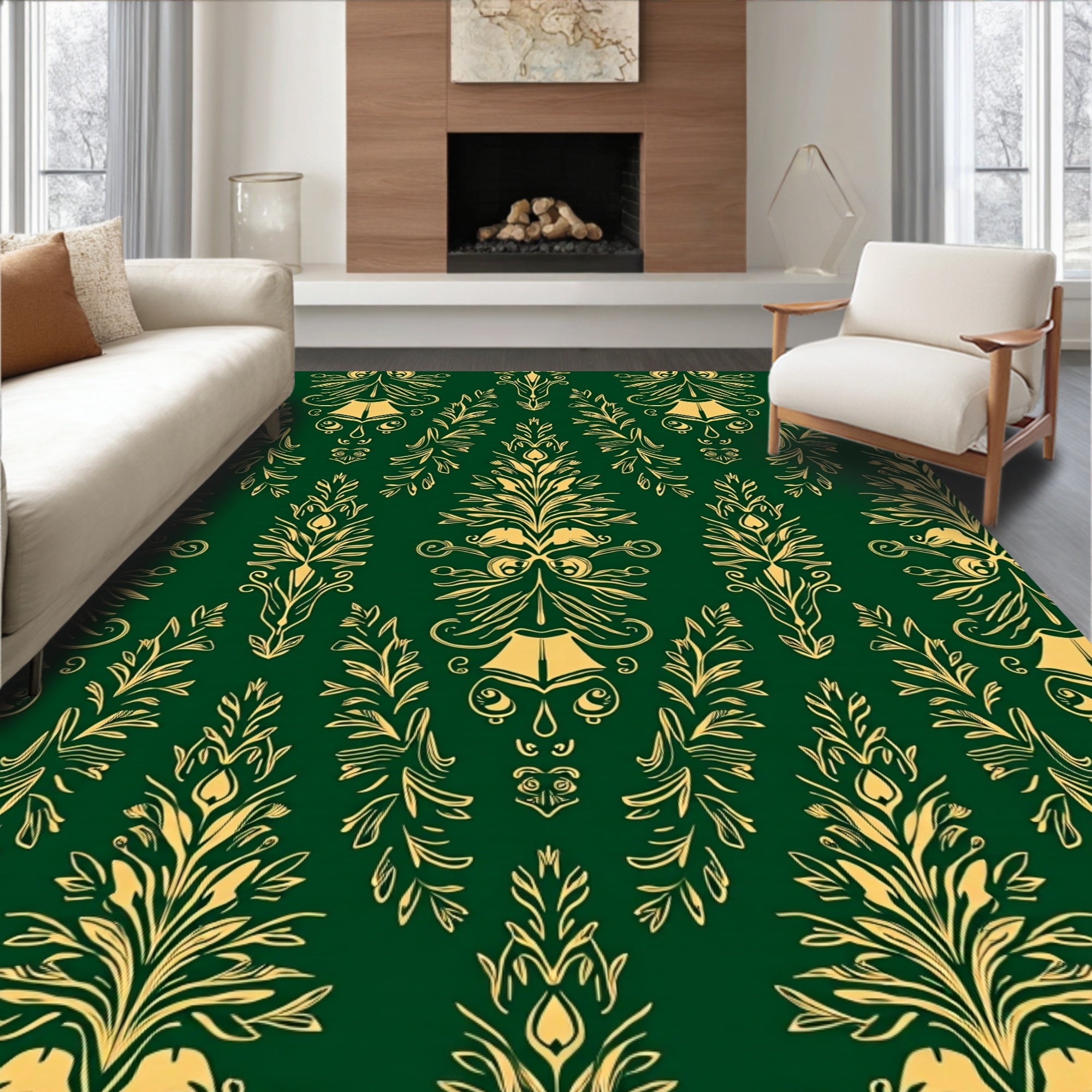 Emerald Green Gold Floral Damask Rug