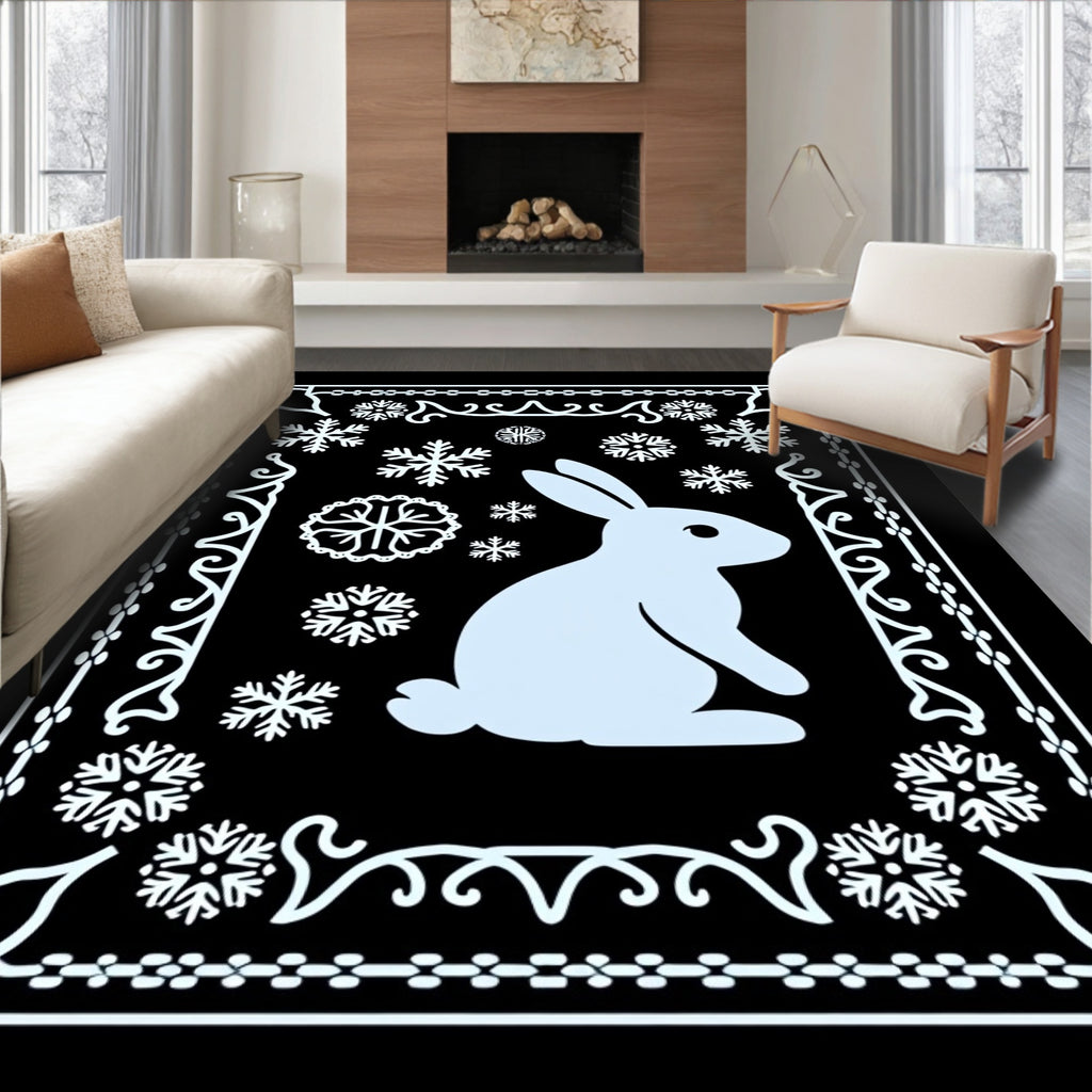Winter Rabbit Snowflake Border Rug