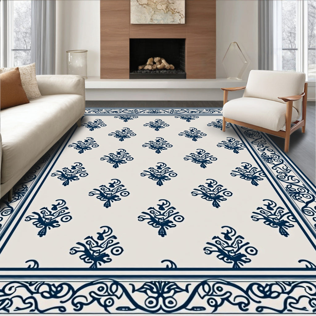 Navy Indigo Ornate Scrollwork Border Rug