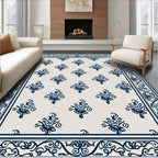 Navy Indigo Ornate Scrollwork Border Rug