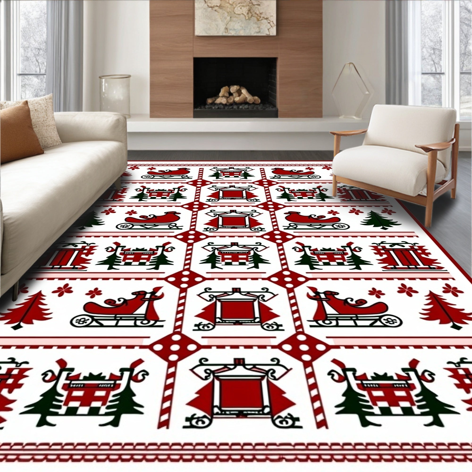 Crimson Red Christmas Sleigh Trees Rug