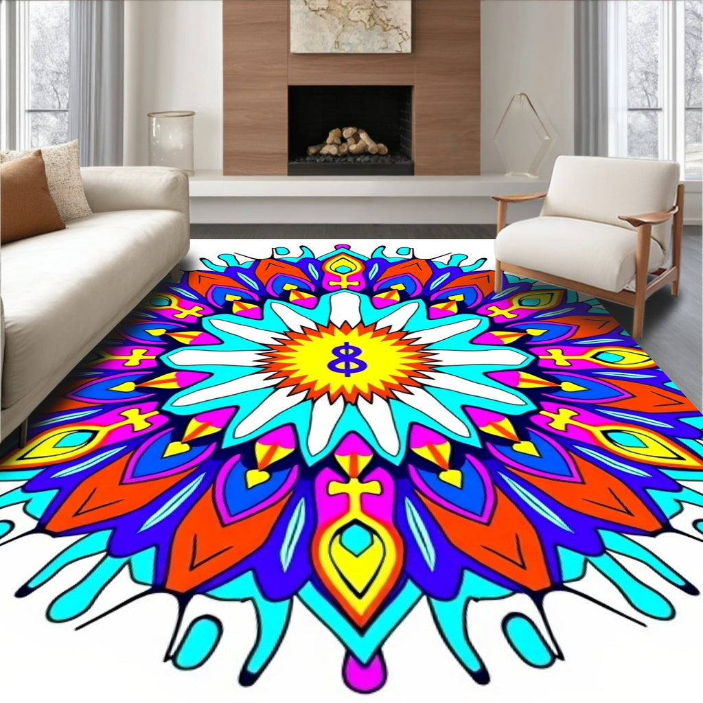 Vibrant Psychedelic Sunburst Mandala Rug