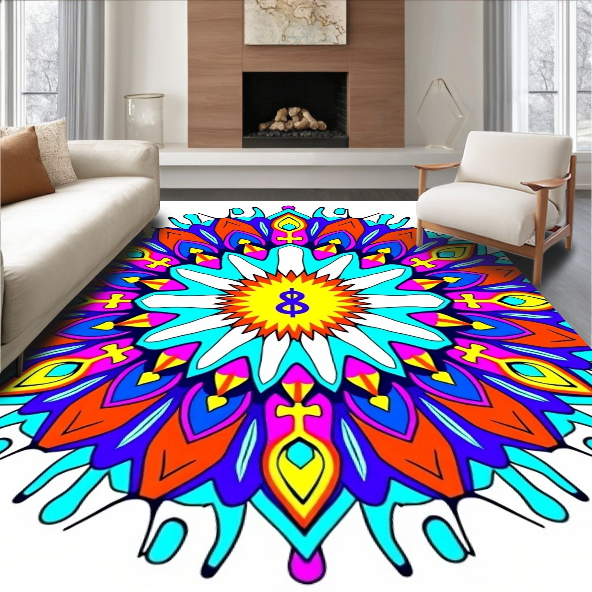 Vibrant Psychedelic Sunburst Mandala Rug