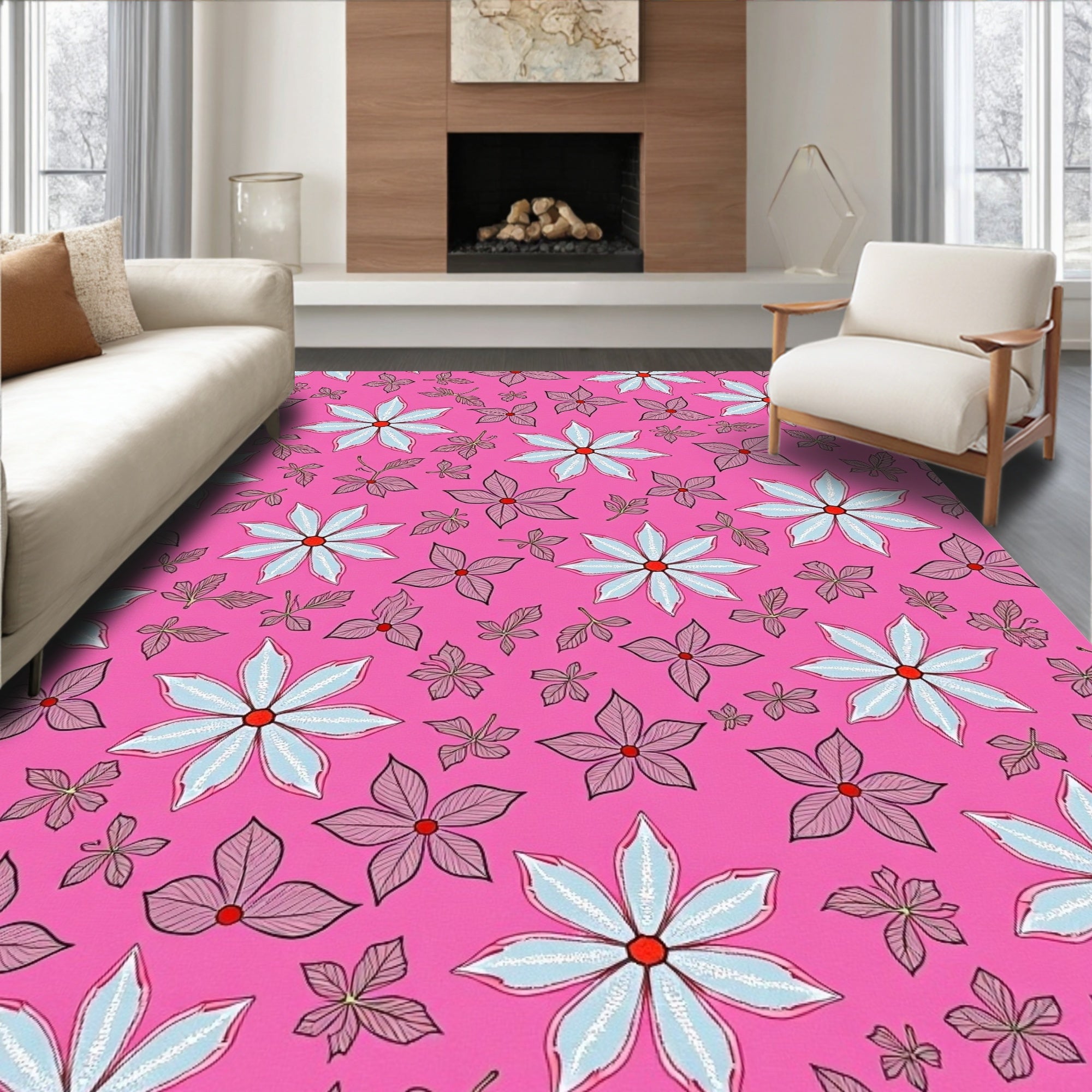 Bright Pink Floral Meadow Arrangement Rug