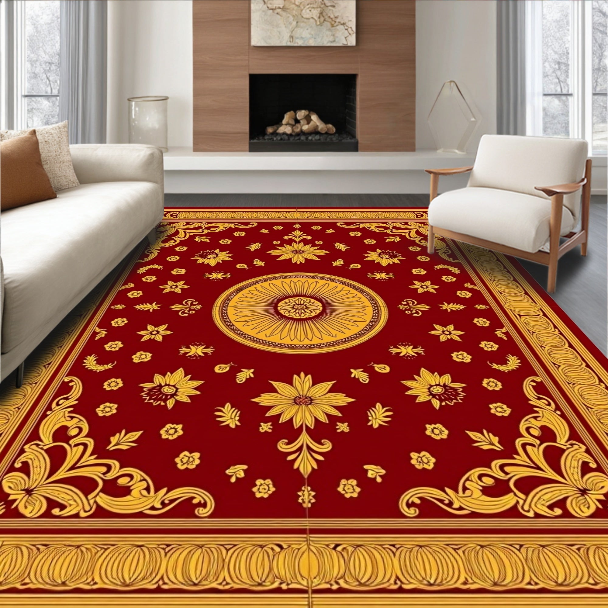 Majestic Red Golden Floral Medallion Rug