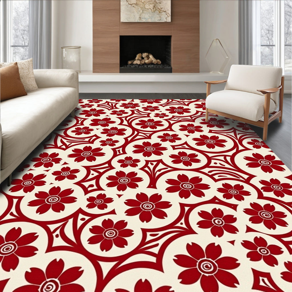 Crimson Floral Circles Repeating Rug