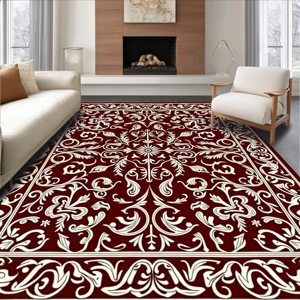 Deep Red Floral Scrollwork Rug