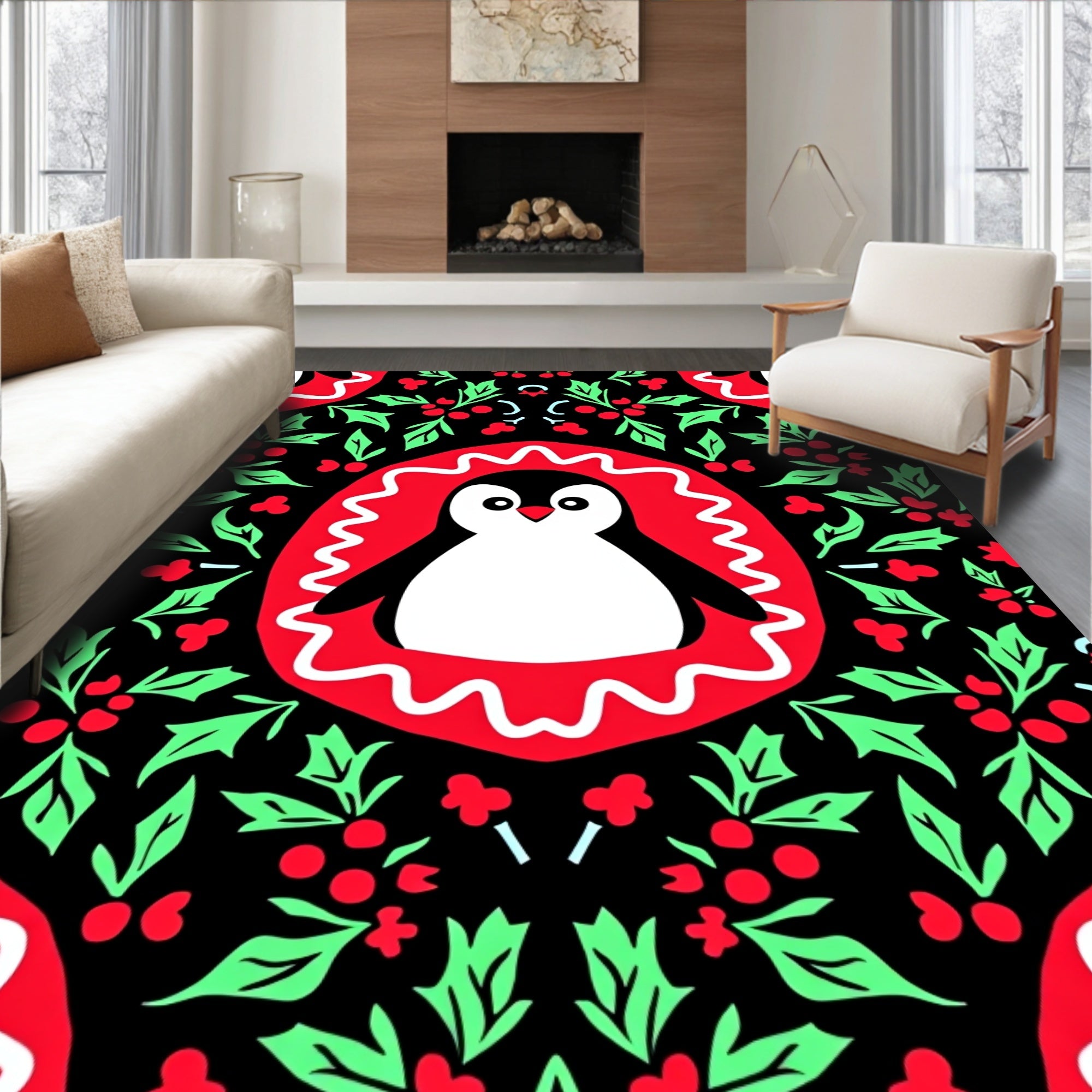 Cute Penguin Holly Border Rug