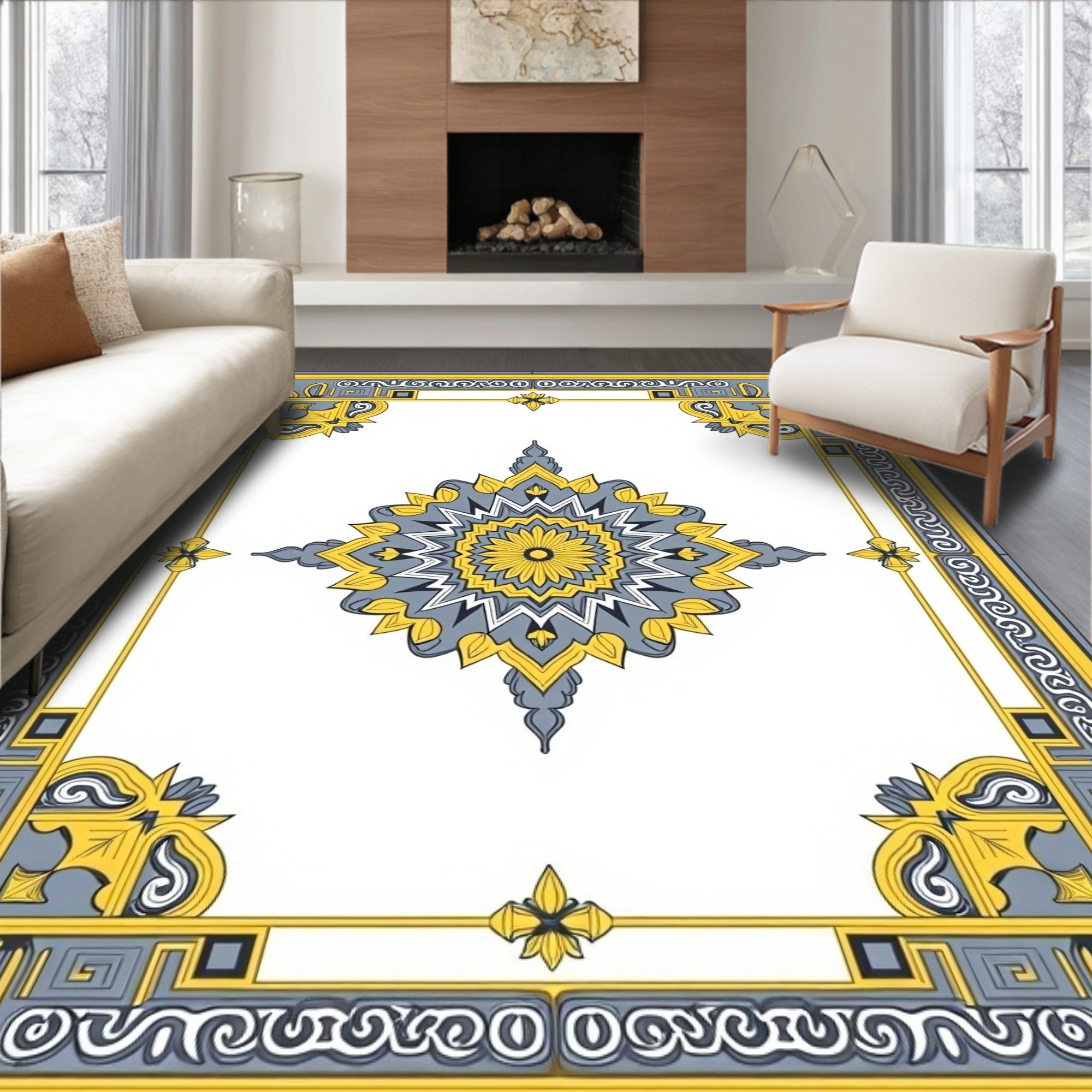Golden Gray Mandala Border Medallion Rug