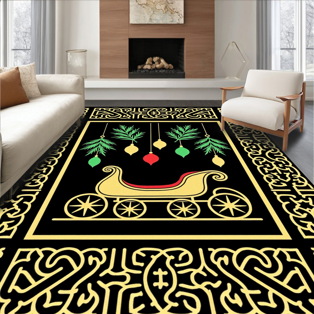 Golden Sleigh Evergreen Ornament Border Rug
