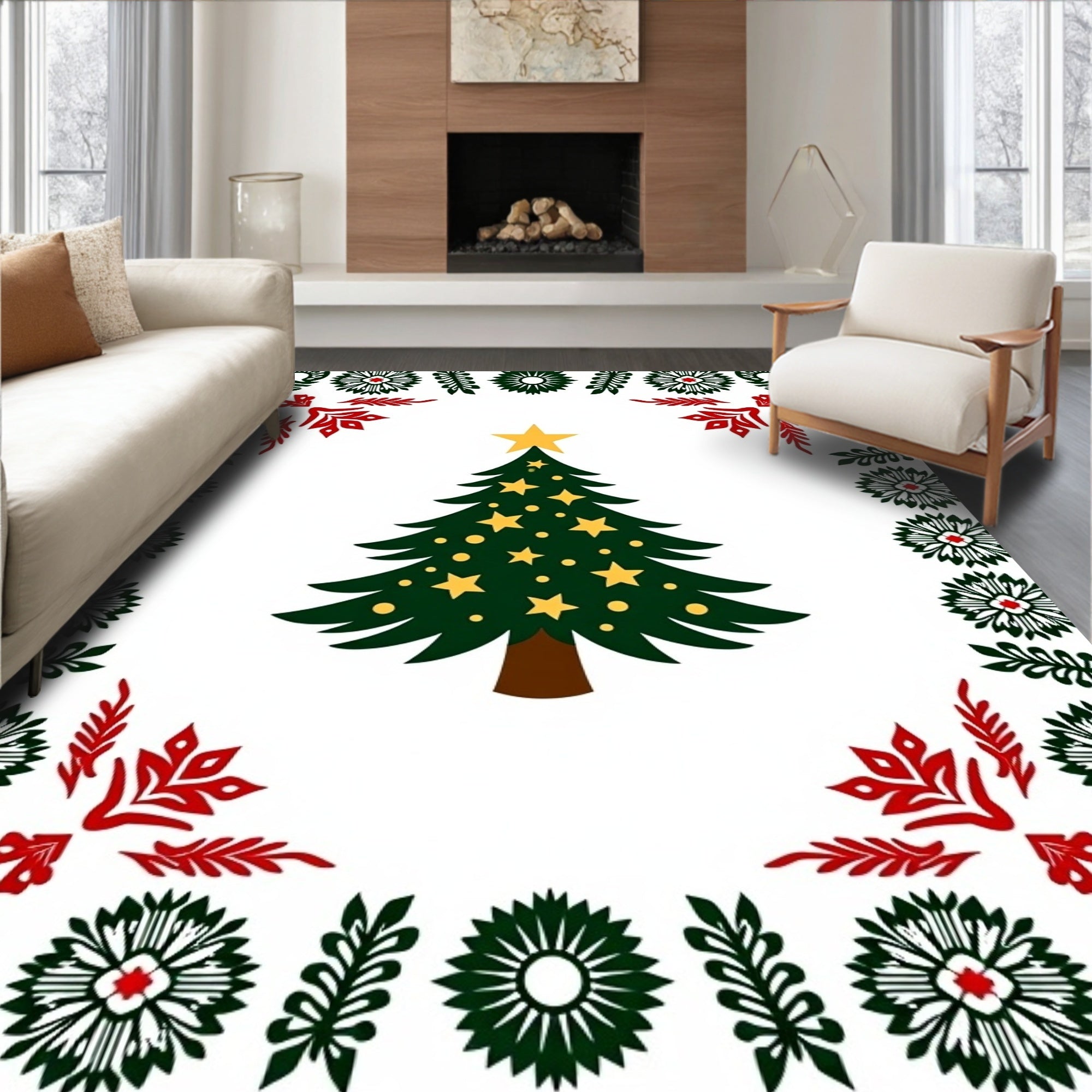 Festive Green Christmas Tree Border Rug