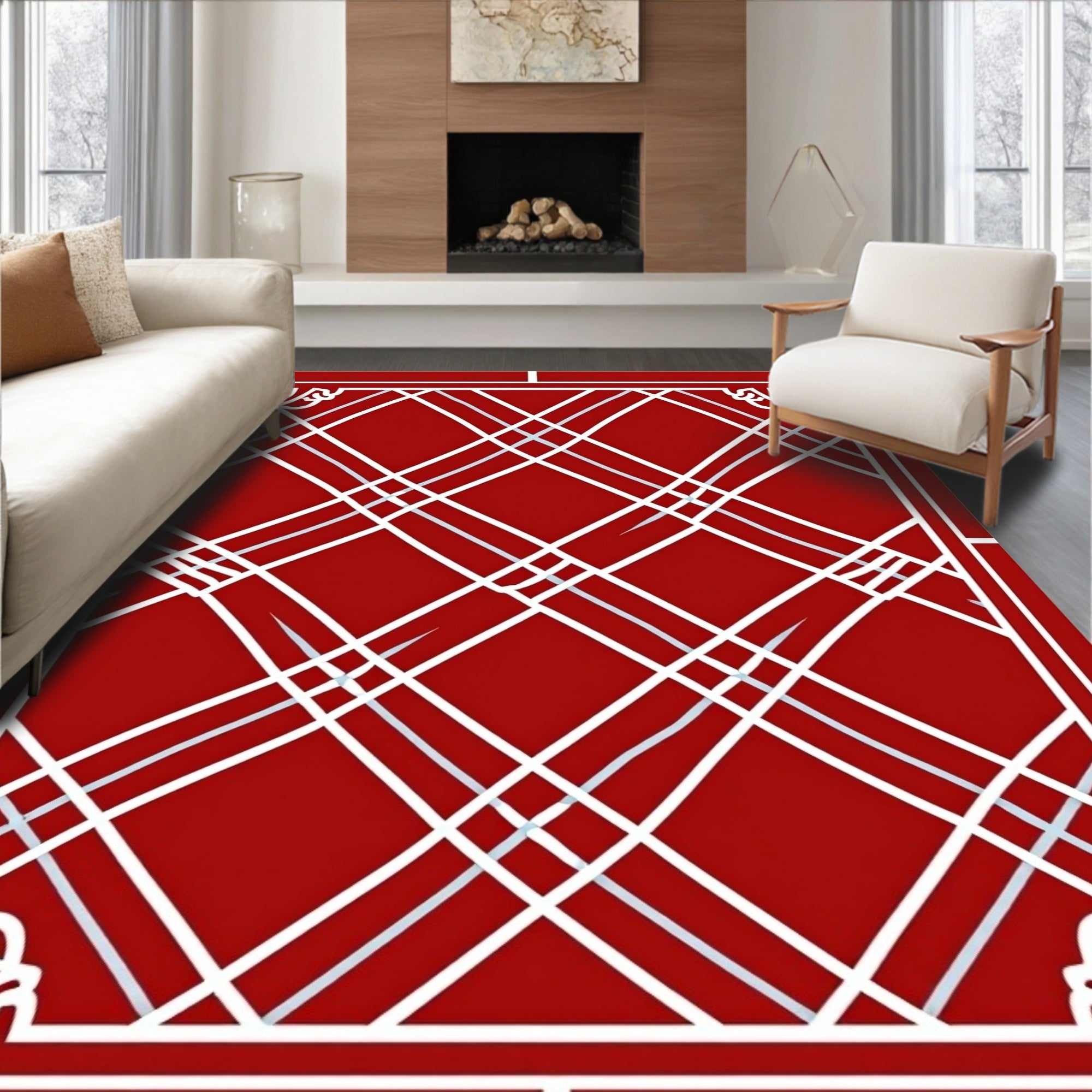Bold Red White Intersecting Lines Rug